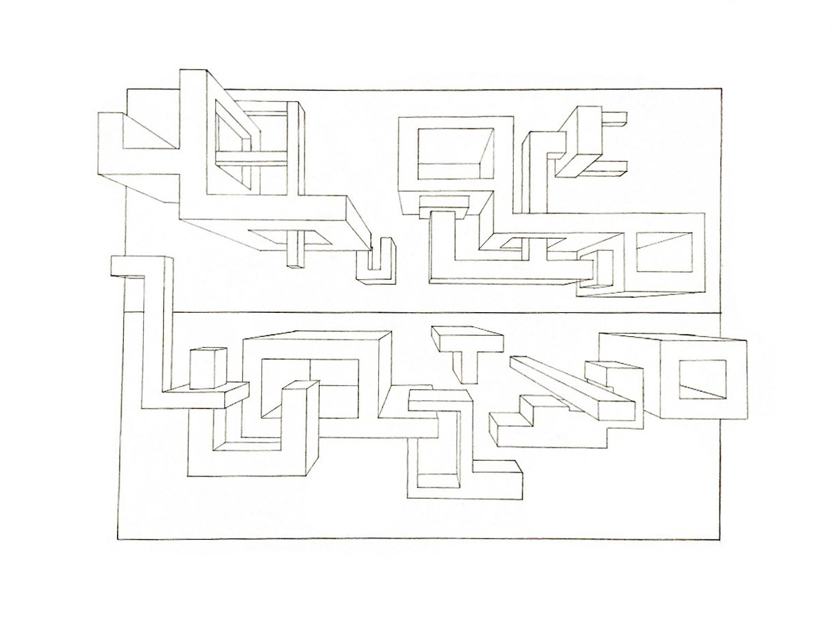 Overlapping lines, first perspective pen drawing